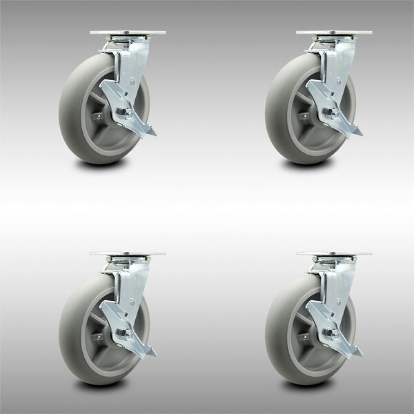 8 Inch SS Thermoplastic Rubber Swivel Caster Set with Ball Bearings and Brakes